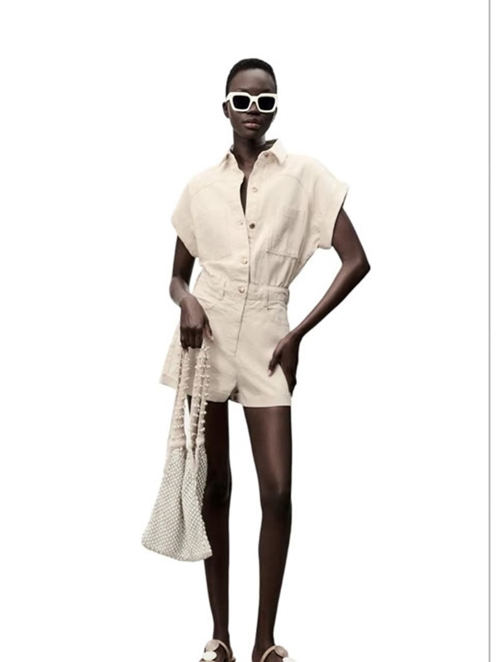 Zara Women's Cream Utility Short Romper